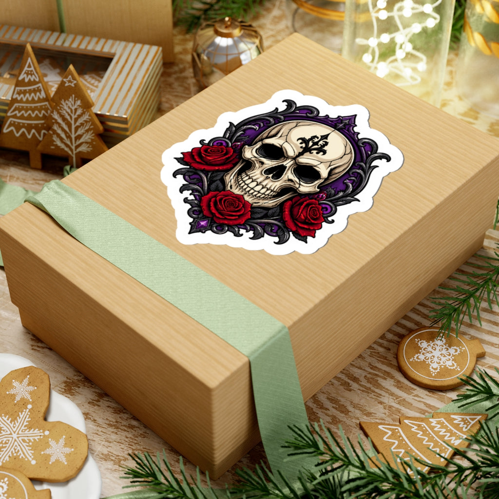 Gothic Skull and Red Roses Kiss-Cut Sticker