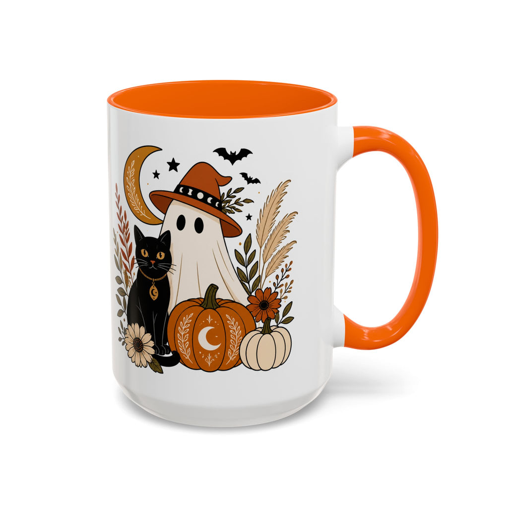 Halloween Ghost & Black Cat Accent Coffee Mug — Spooky Pumpkin Fall Coffee Cup (11/15oz)