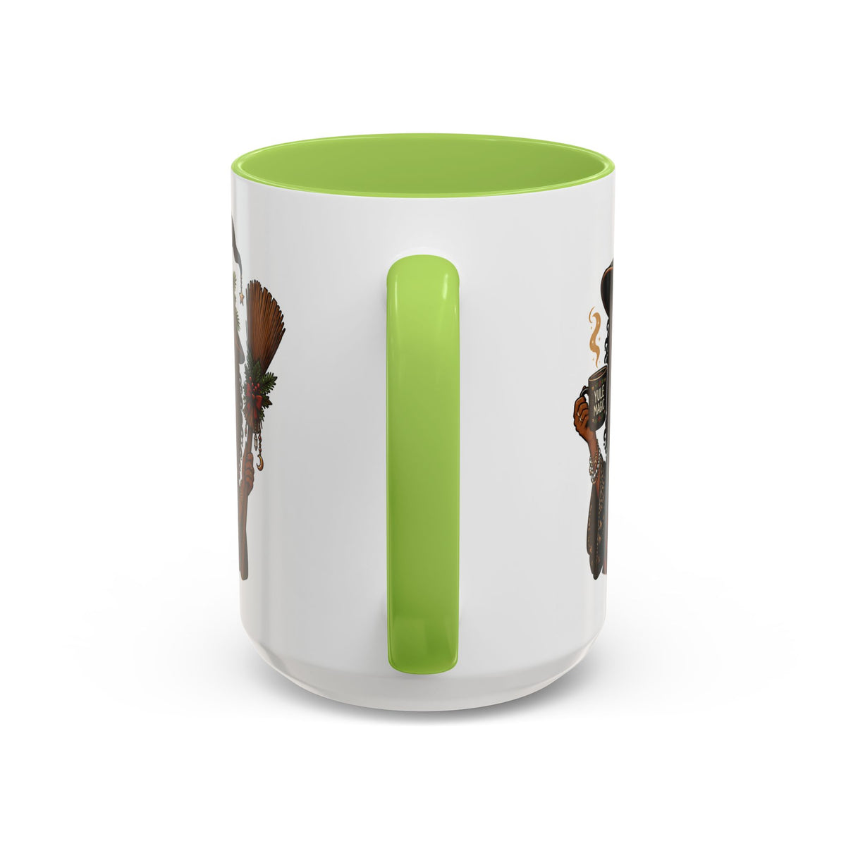 Witchy Christmas Coffee Mug with Black Witch and Broom Design