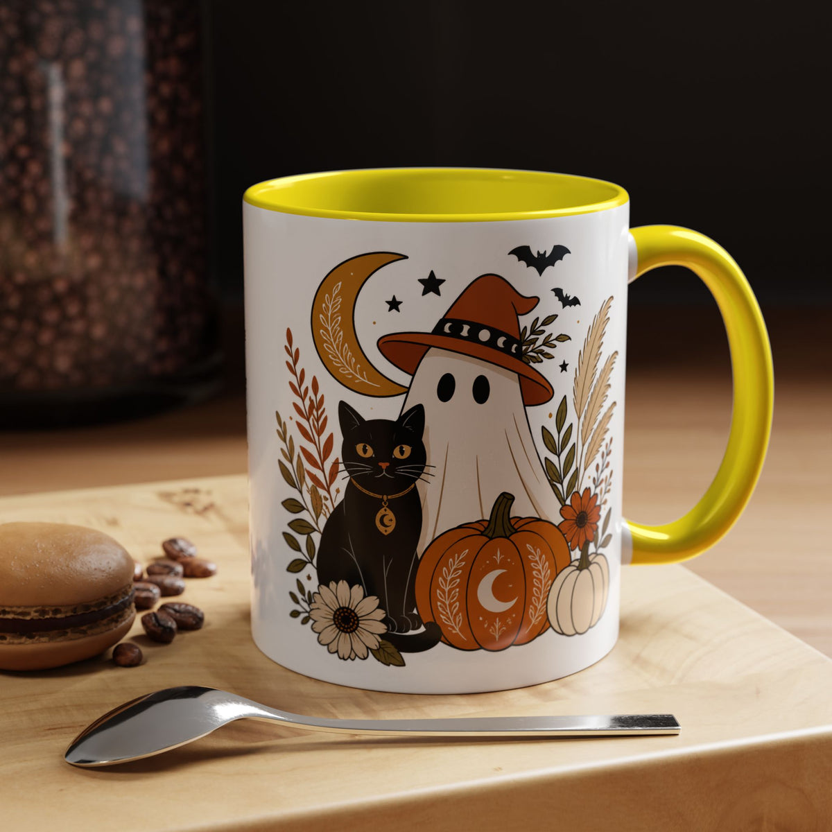 Halloween Ghost & Black Cat Accent Coffee Mug — Spooky Pumpkin Fall Coffee Cup (11/15oz)