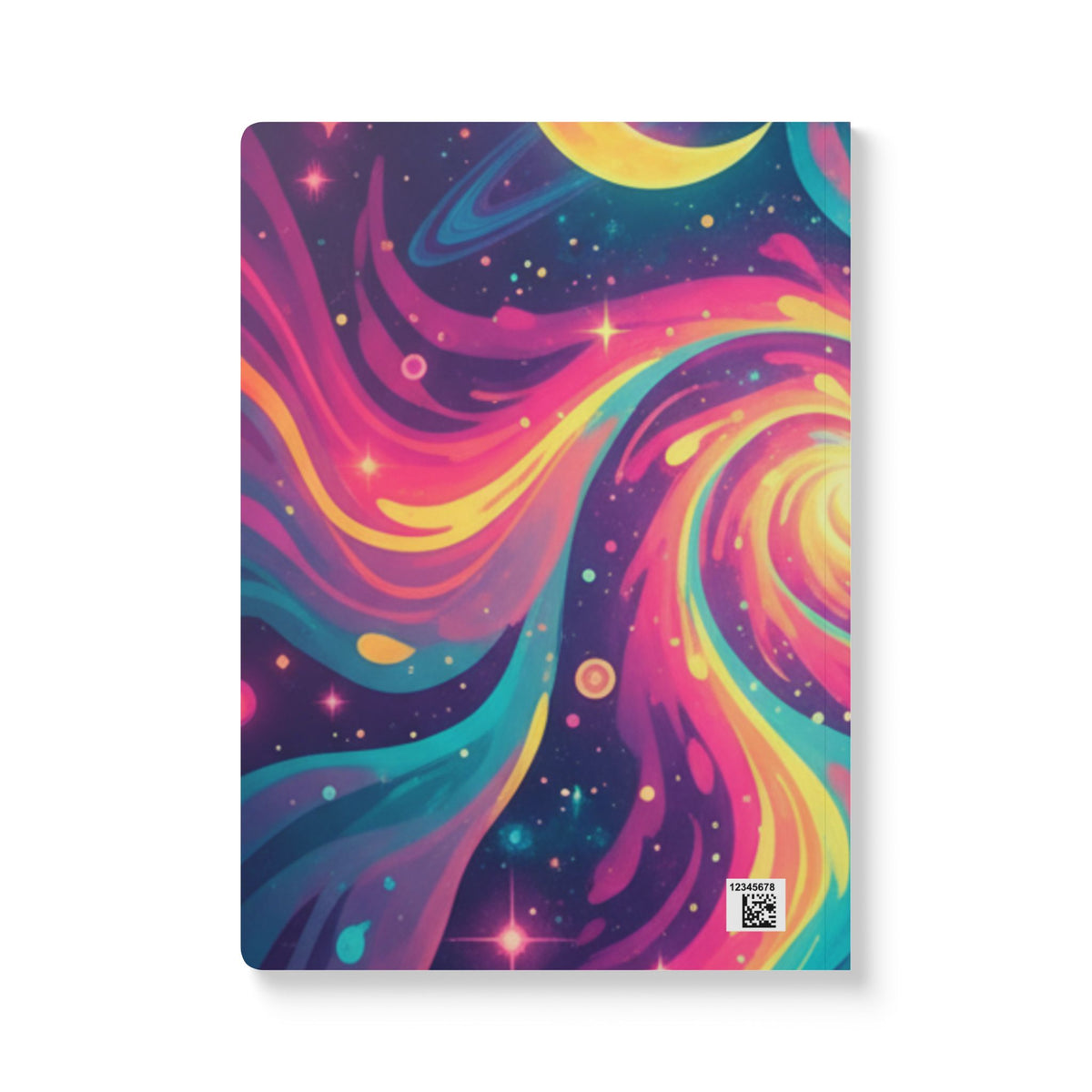 Cosmic Swirl Softcover Journal — Neon Galaxy Moon & Planets Notebook