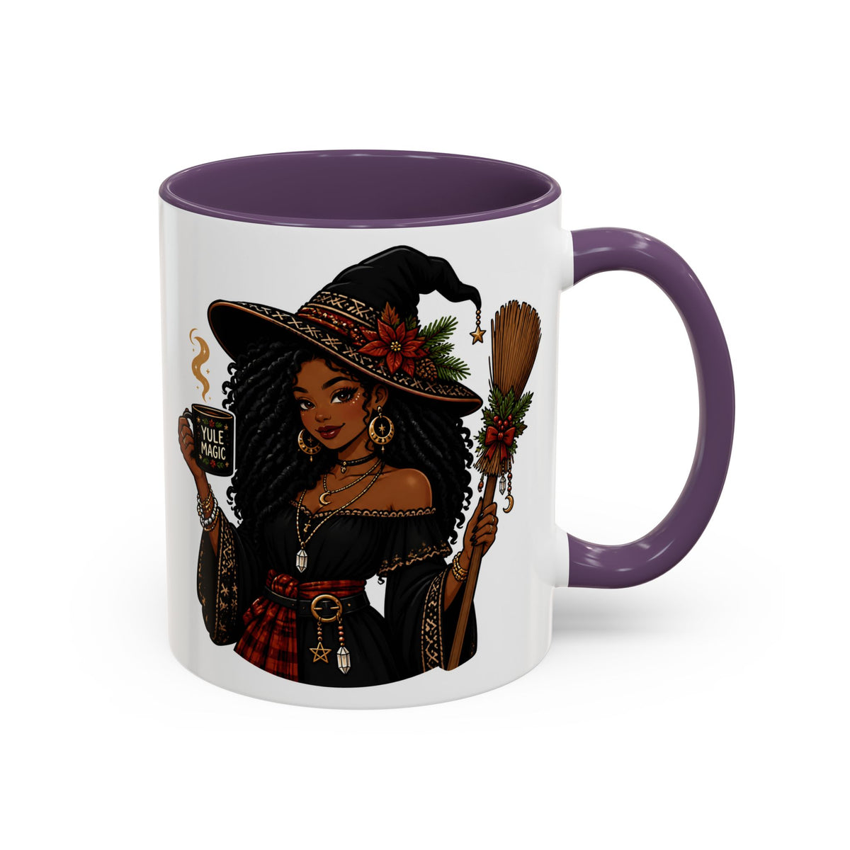 Witchy Christmas Coffee Mug with Black Witch and Broom Design