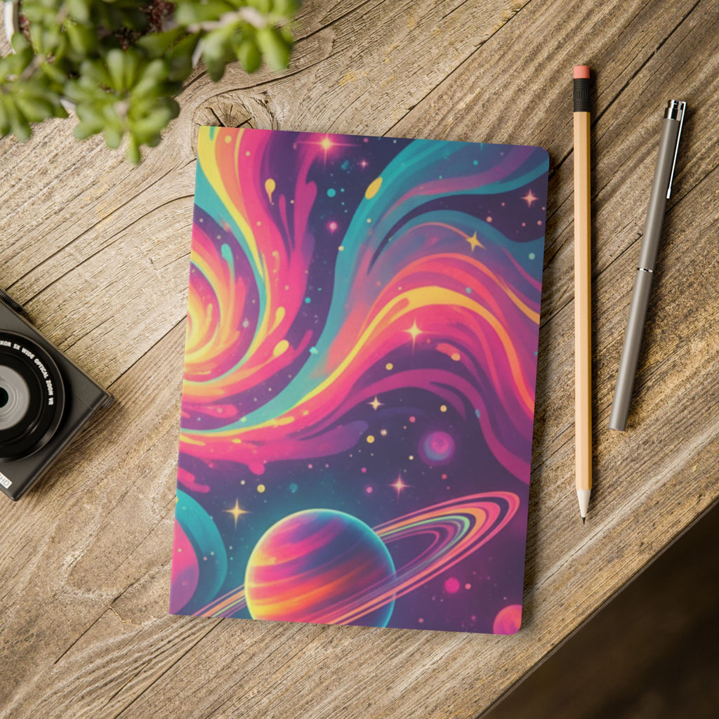 Cosmic Swirl Softcover Journal — Neon Galaxy Moon & Planets Notebook