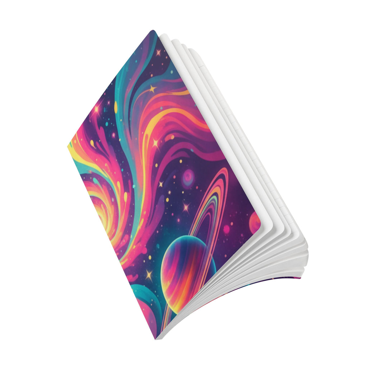 Cosmic Swirl Softcover Journal — Neon Galaxy Moon & Planets Notebook