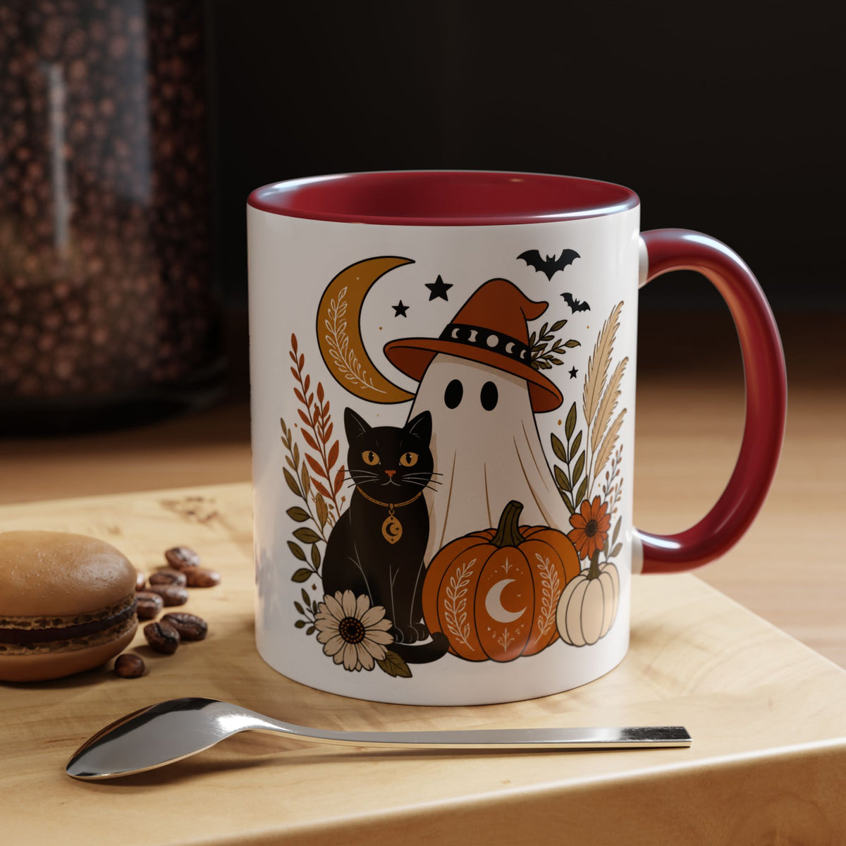 Halloween Ghost & Black Cat Accent Coffee Mug — Spooky Pumpkin Fall Coffee Cup (11/15oz)