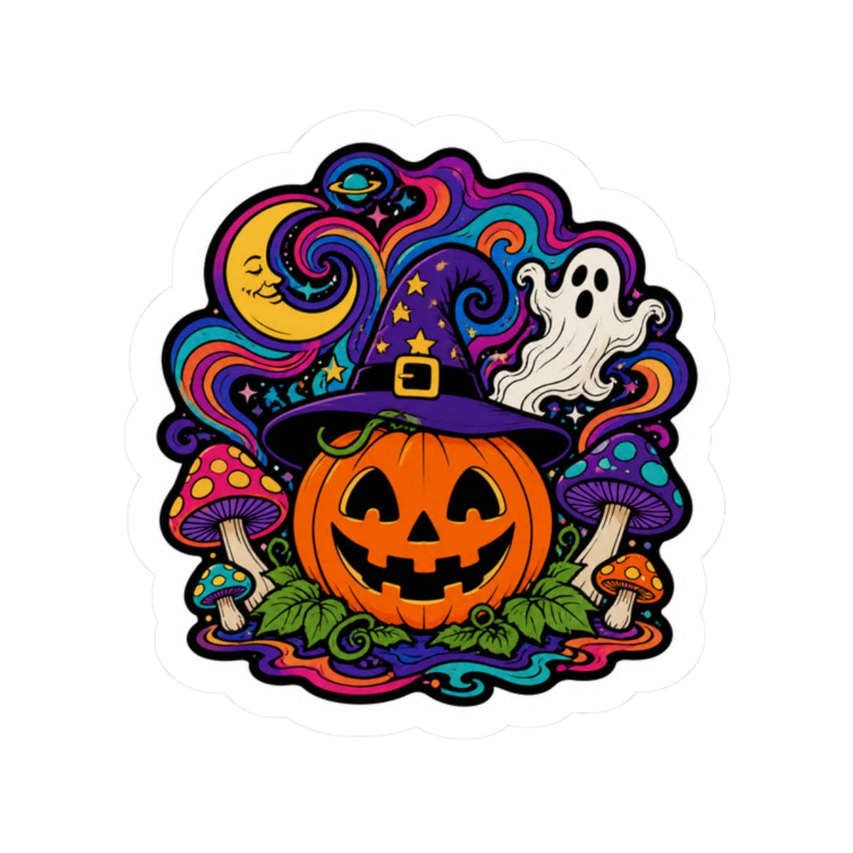 Halloween Pumpkin Witch Hat Kiss-Cut Sticker — Jack-O'-Lantern, Ghost & Psychedelic Mushroom Design