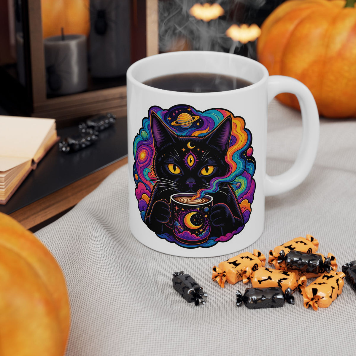 Psychedelic Cat Ceramic Mug – Colorful Cosmic Cat Coffee Cup (11oz, 15oz)
