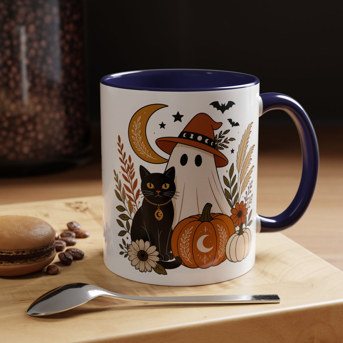 Halloween Ghost & Black Cat Accent Coffee Mug — Spooky Pumpkin Fall Coffee Cup (11/15oz)