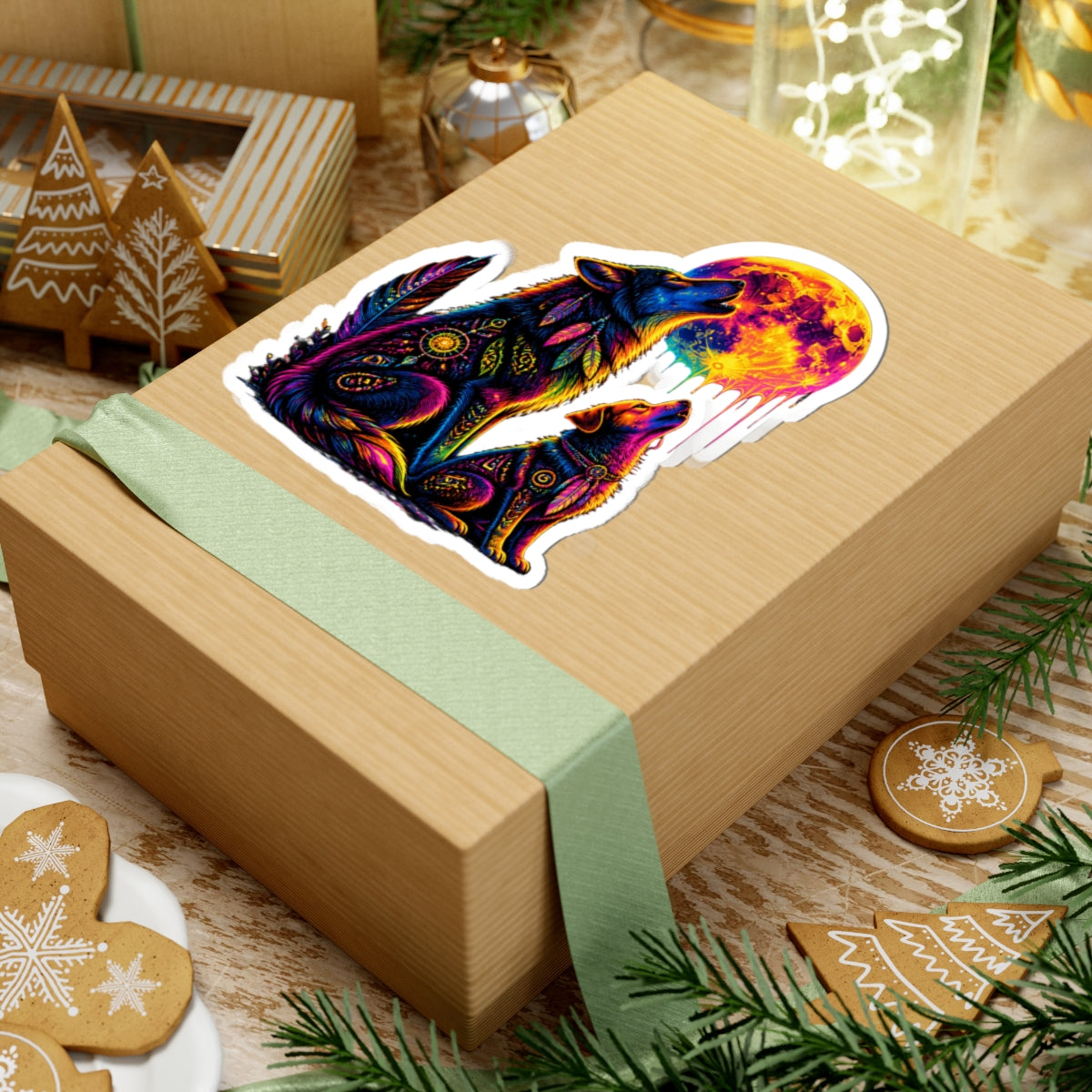 Cosmic Wolf and Moon Kiss-Cut Sticker