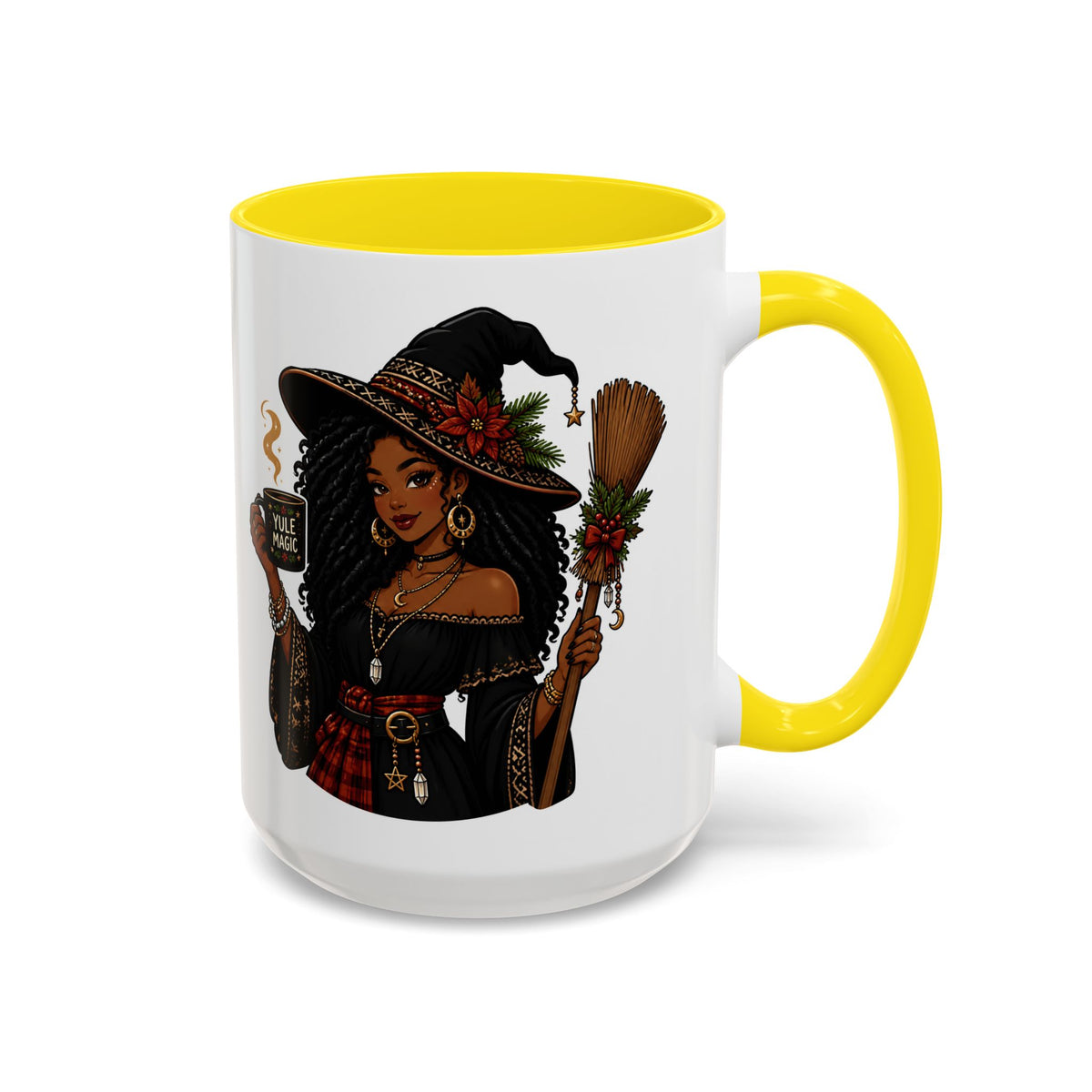 Witchy Christmas Coffee Mug with Black Witch and Broom Design