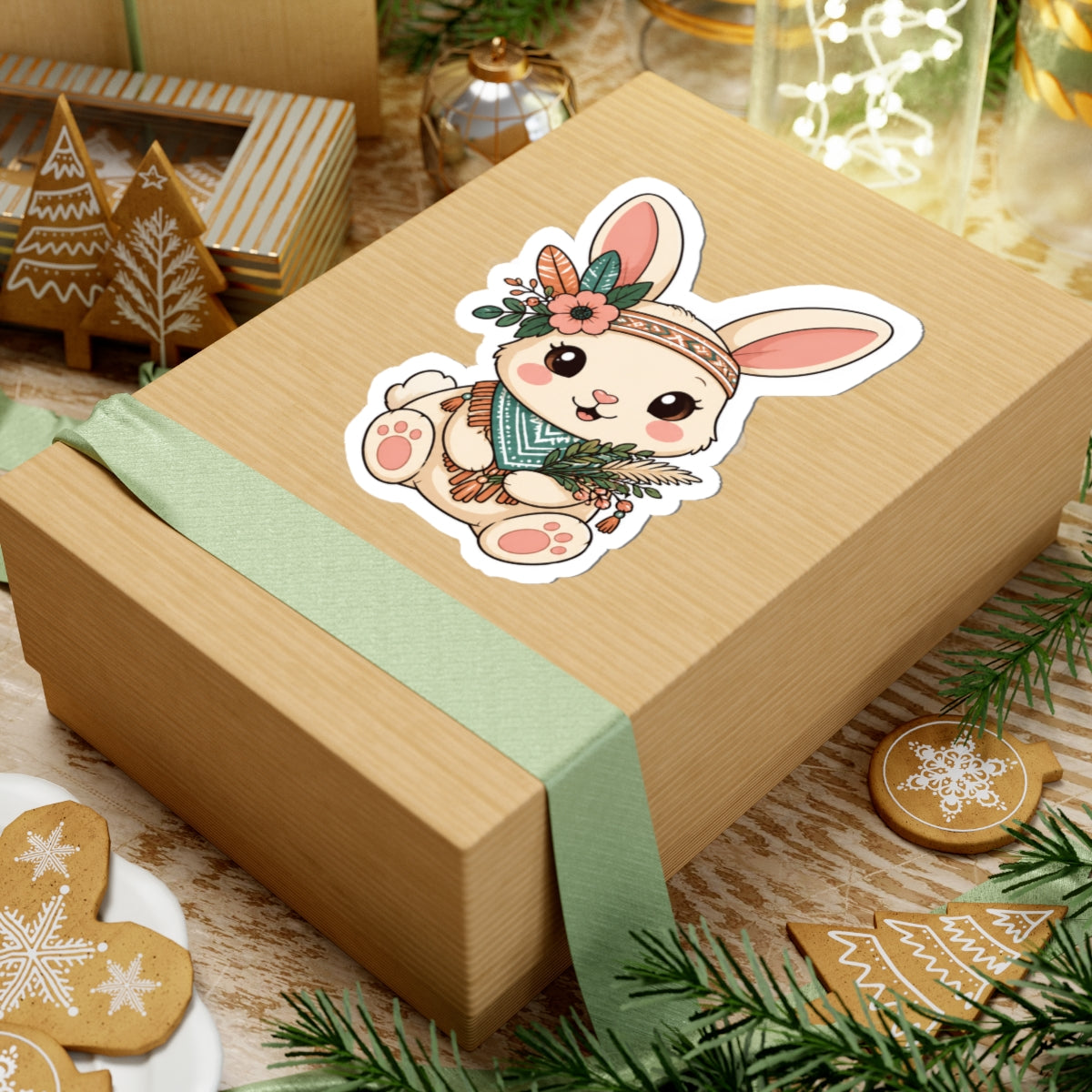 Cute Floral Boho Bunny Kiss-Cut Sticker