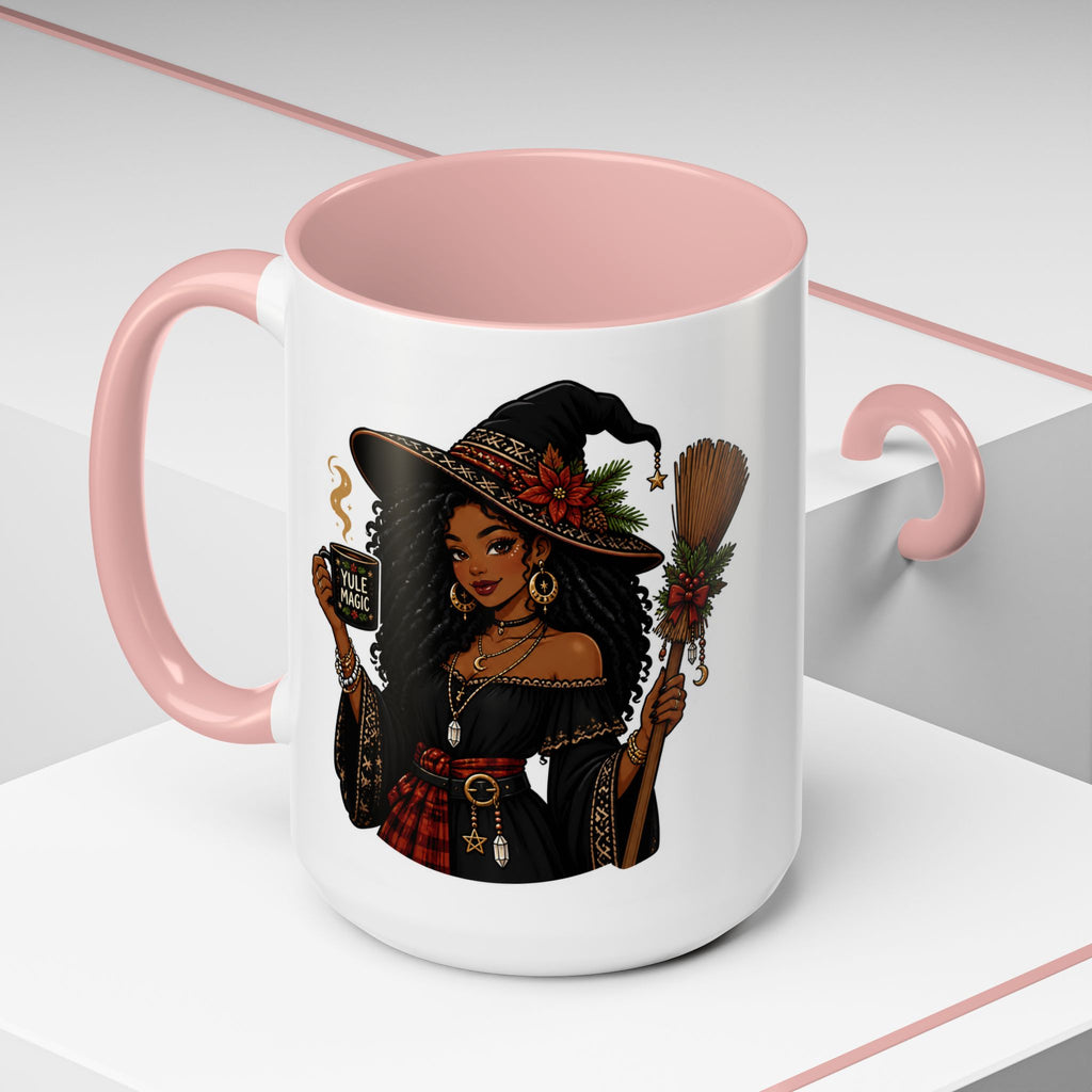 Witchy Christmas Coffee Mug with Black Witch and Broom Design