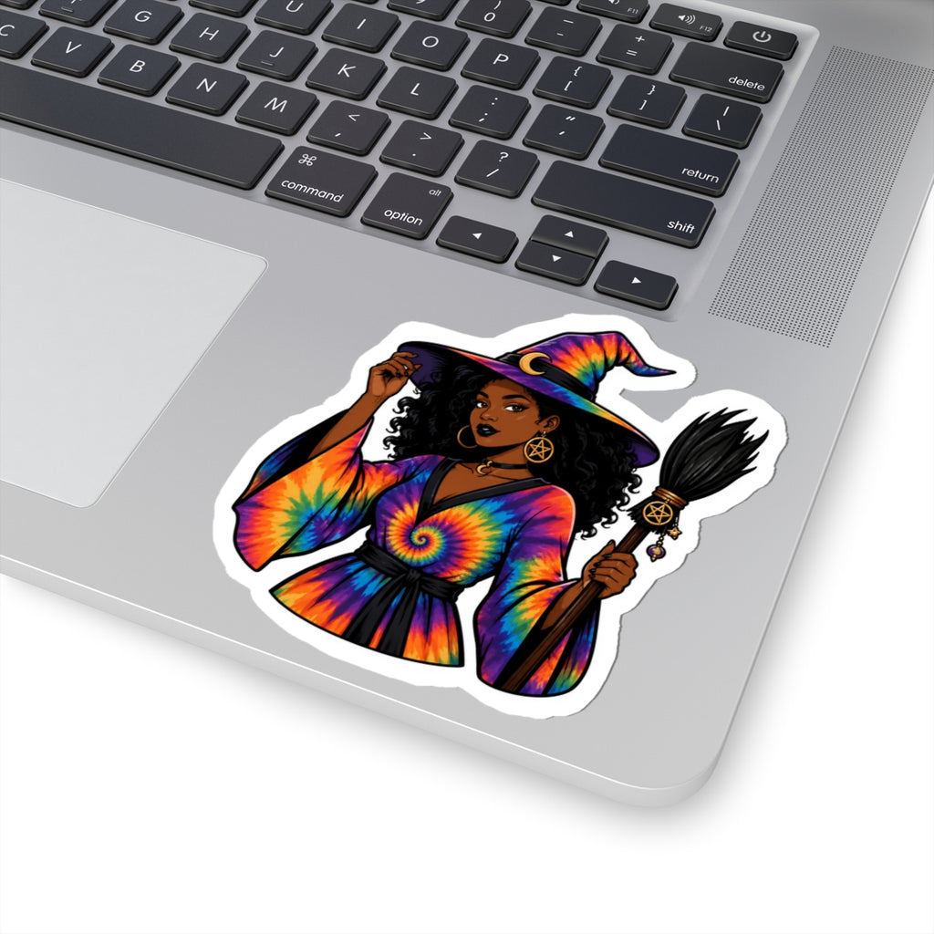 Tie-Dye Witch Sticker — Witch with Rainbow Spell Hat & Broom