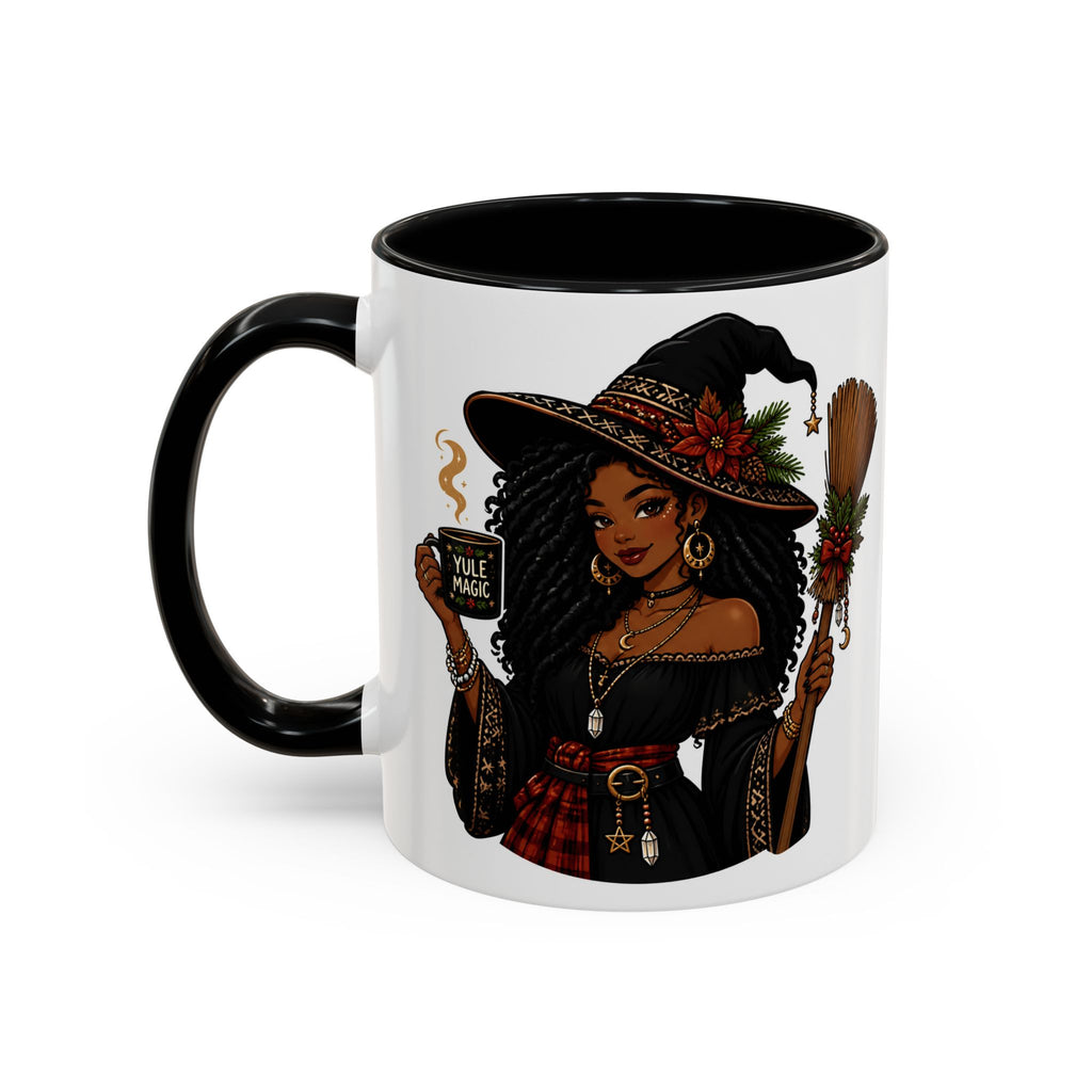 Witchy Christmas Coffee Mug with Black Witch and Broom Design