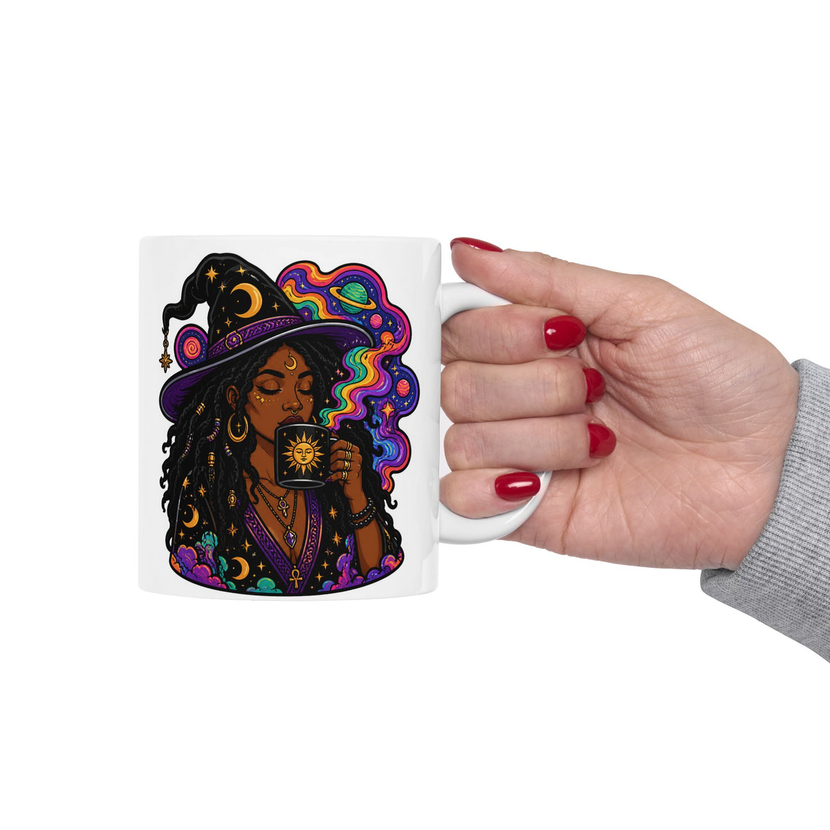 Witchy Boho Ceramic Mug — Colorful Mystic Witch Illustration (11oz, 15oz)