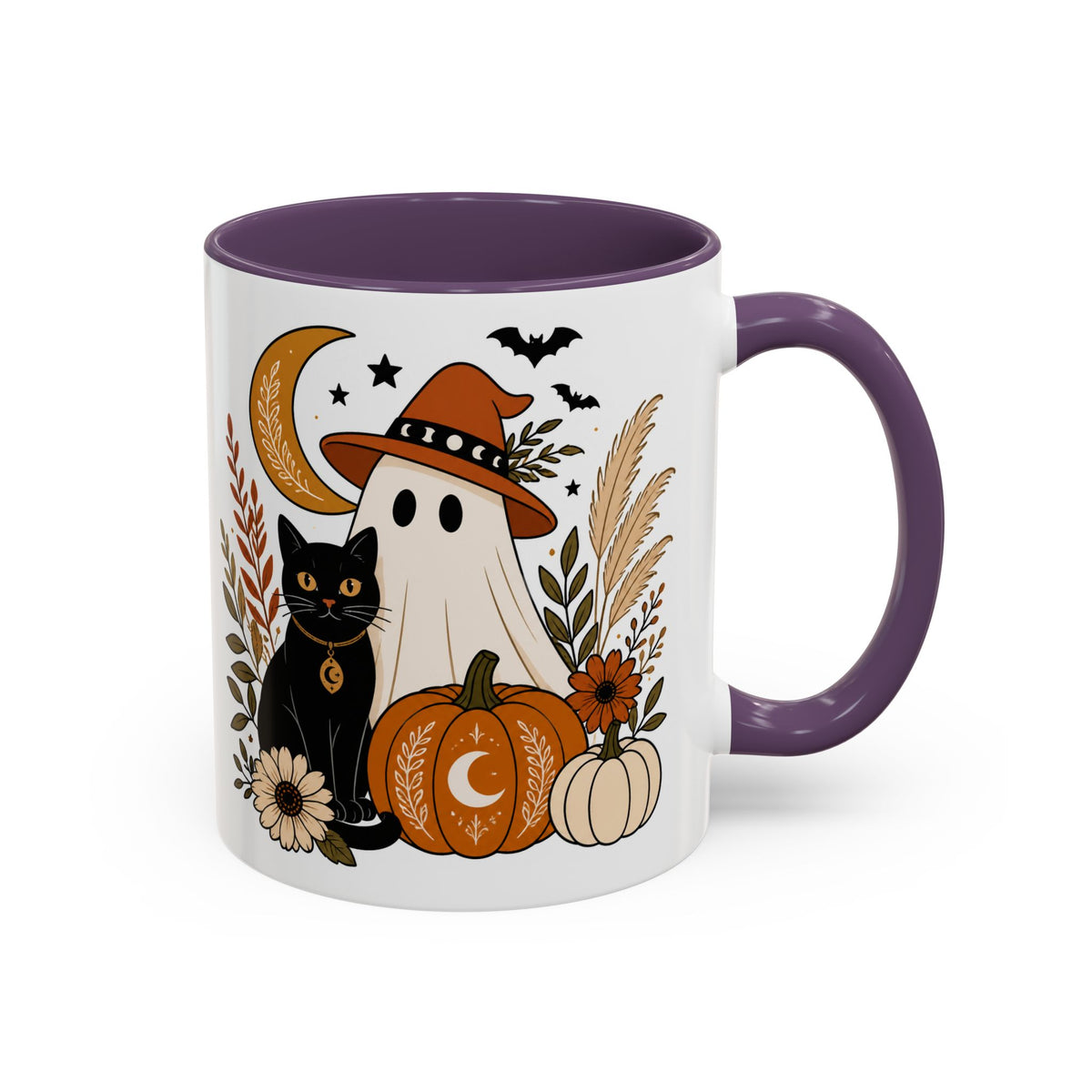 Halloween Ghost & Black Cat Accent Coffee Mug — Spooky Pumpkin Fall Coffee Cup (11/15oz)