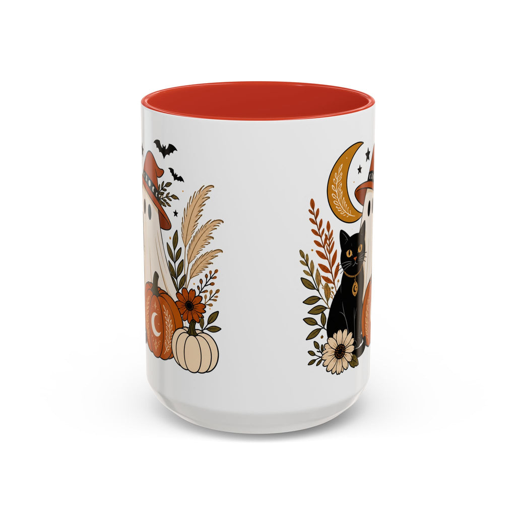 Halloween Ghost & Black Cat Accent Coffee Mug — Spooky Pumpkin Fall Coffee Cup (11/15oz)