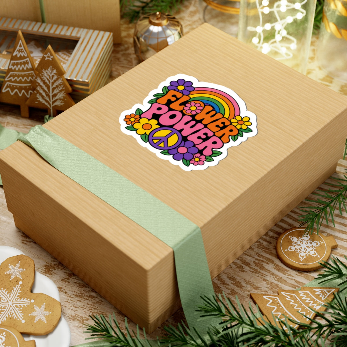 Flower Power Peace Rainbow Kiss-Cut Sticker