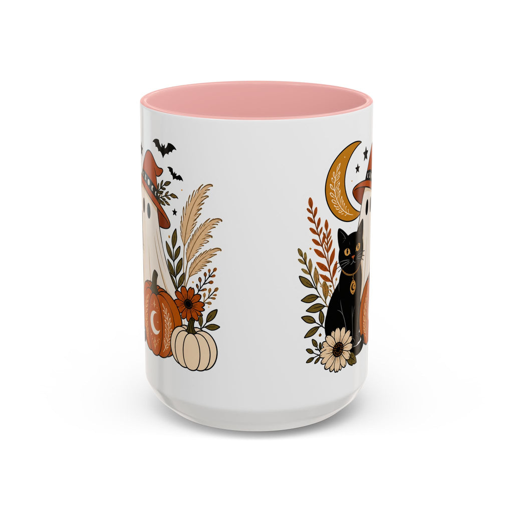 Halloween Ghost & Black Cat Accent Coffee Mug — Spooky Pumpkin Fall Coffee Cup (11/15oz)