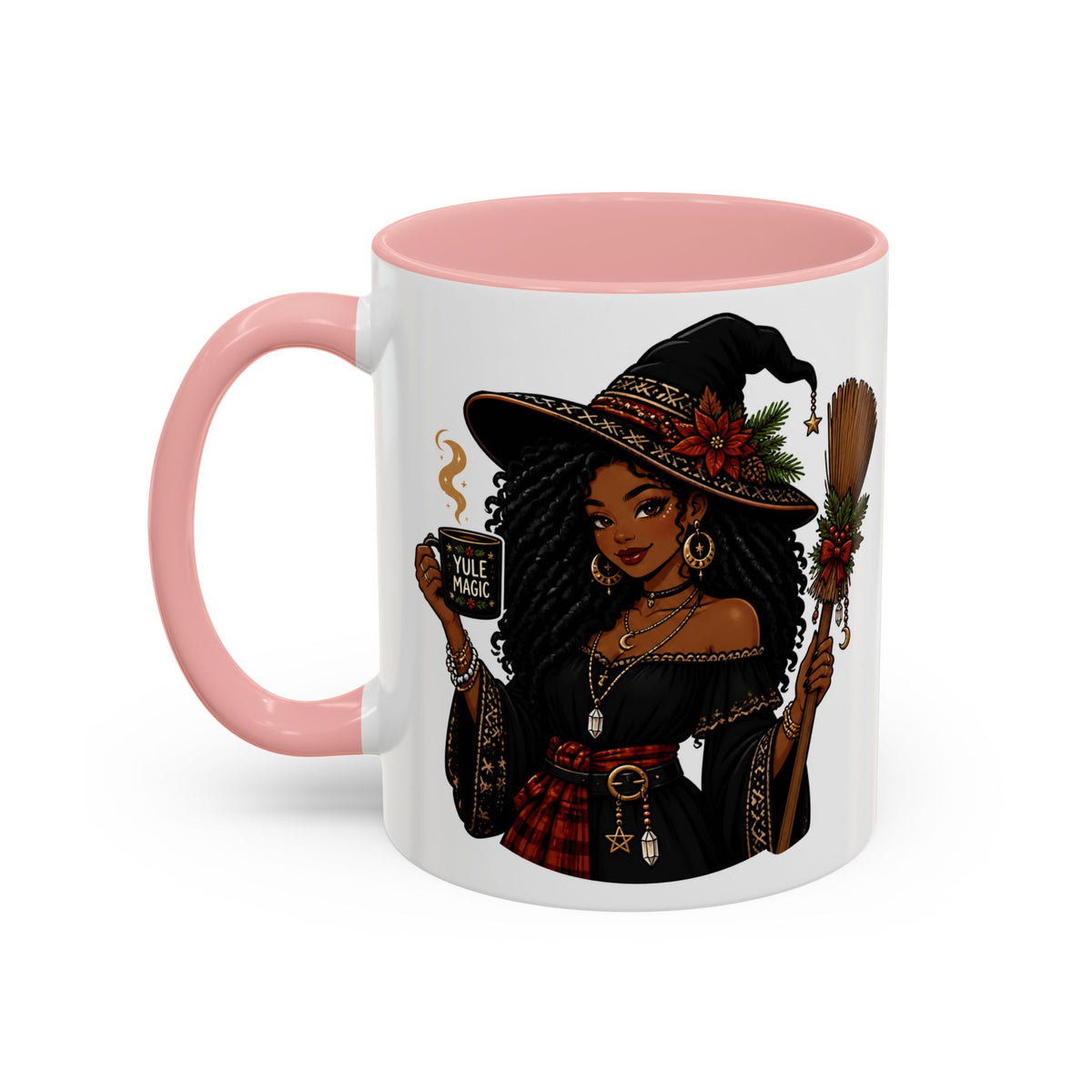 Witchy Christmas Coffee Mug with Black Witch and Broom Design