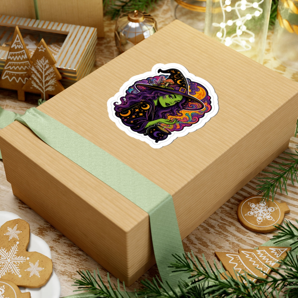 Witch Witchcraft Sticker — Green Witch with Cauldron Kiss-Cut Sticker