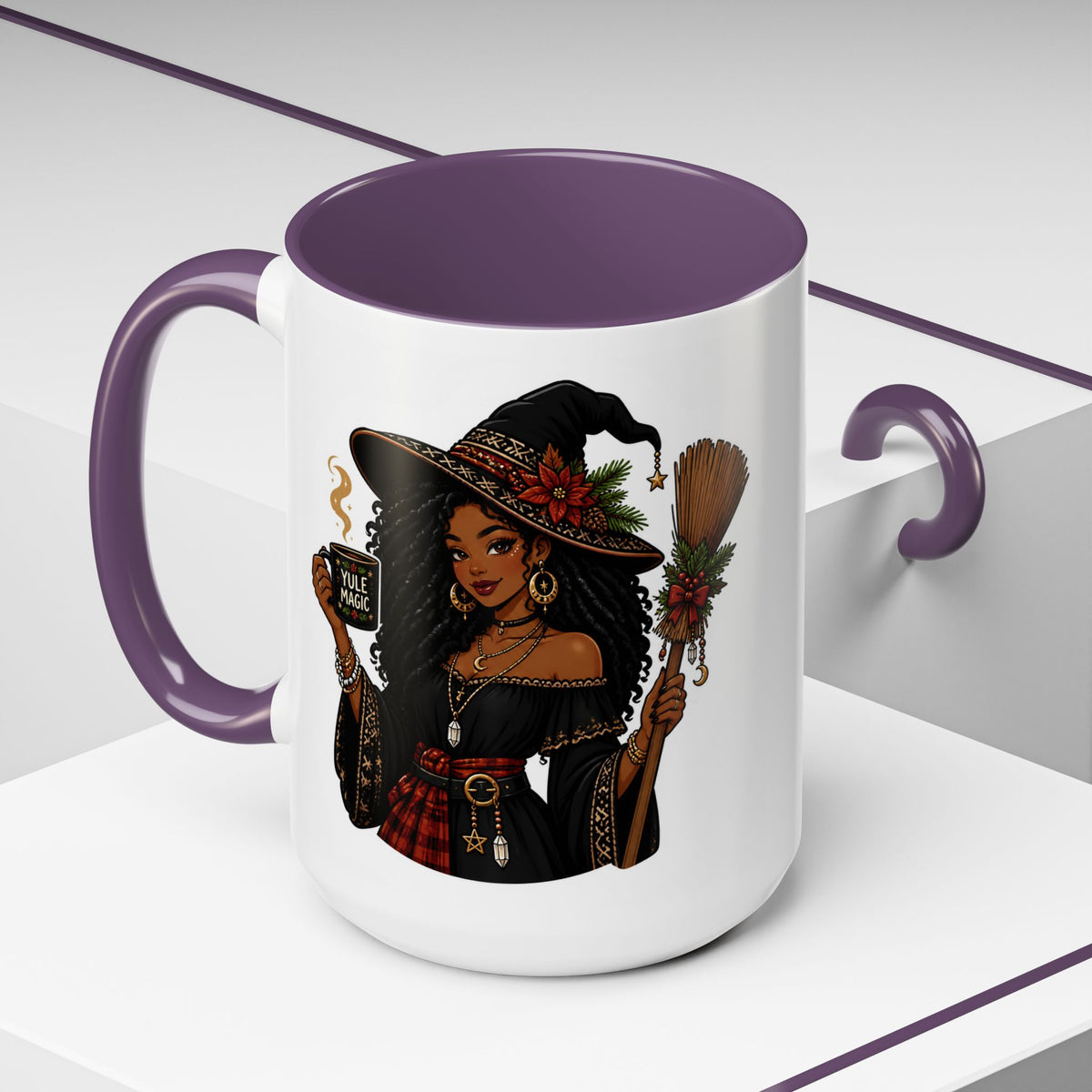 Witchy Christmas Coffee Mug with Black Witch and Broom Design