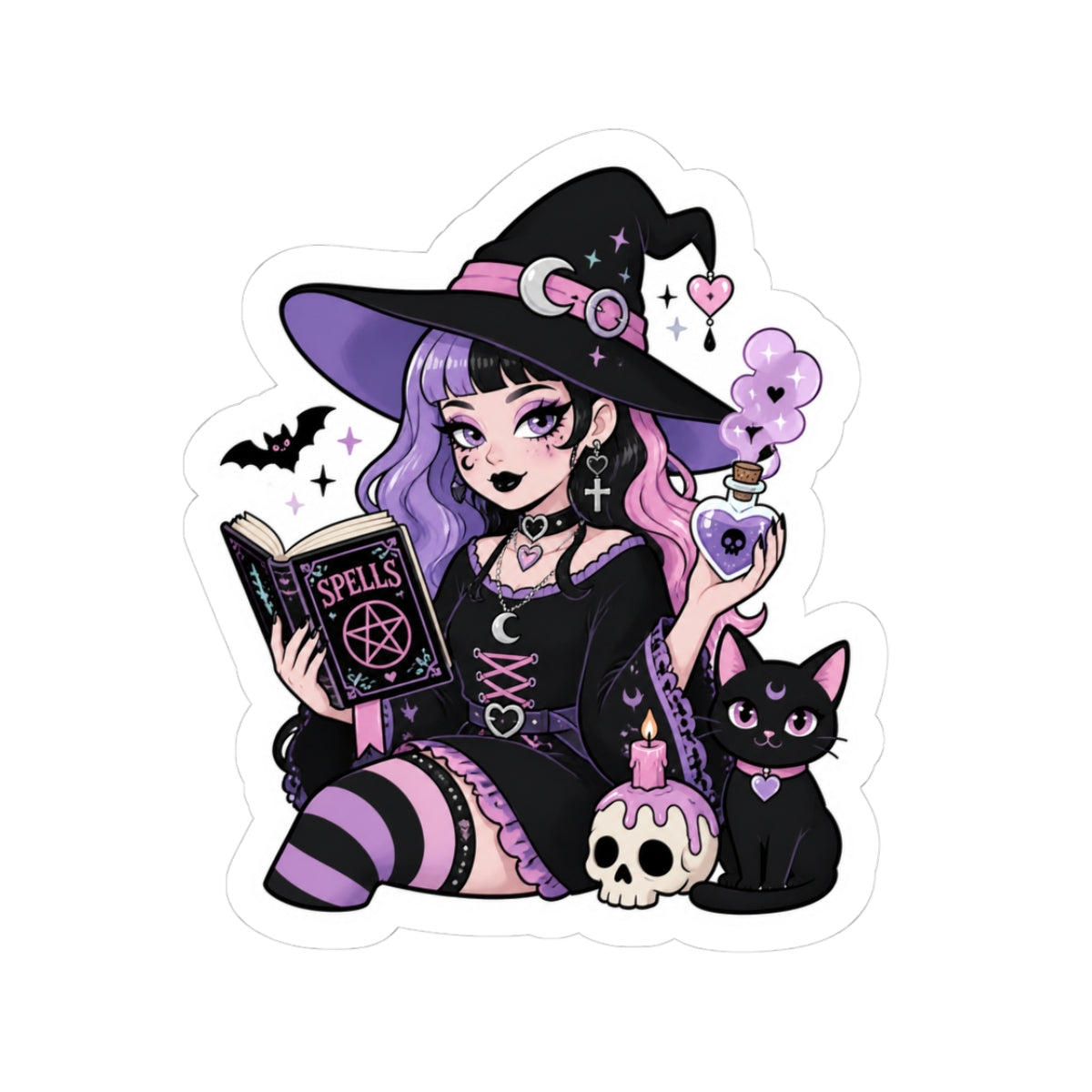 Pastel Gothic Witch Cat Kiss-Cut Sticker