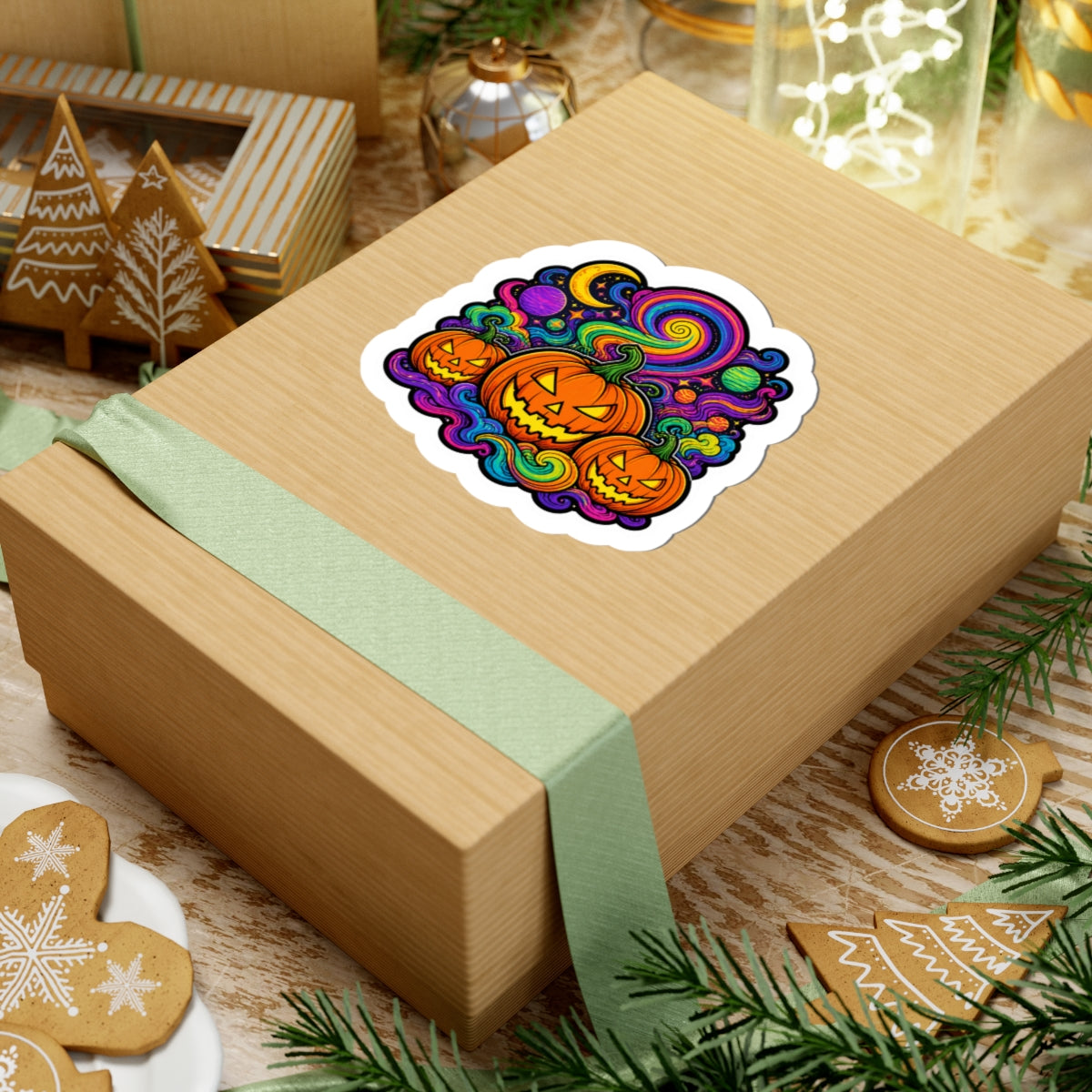 Psychedelic Jack-O'-Lantern Kiss-Cut Sticker — Colorful Halloween Pumpkin Decal