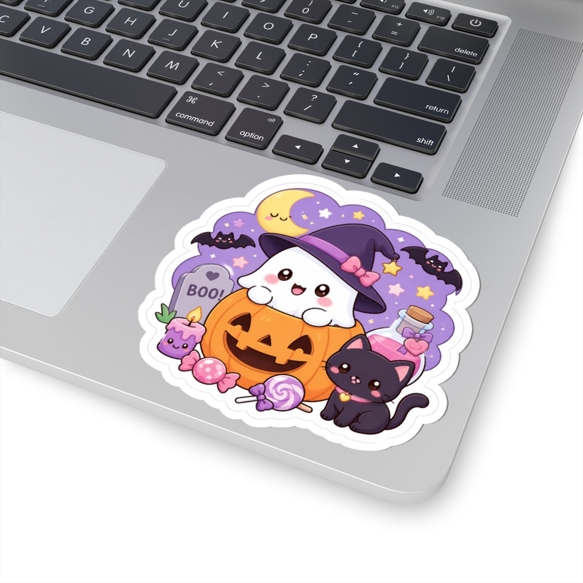 Cute Halloween Ghost & Black Cat Kiss-Cut Sticker — Pumpkin, Candy & Witch Hat Design