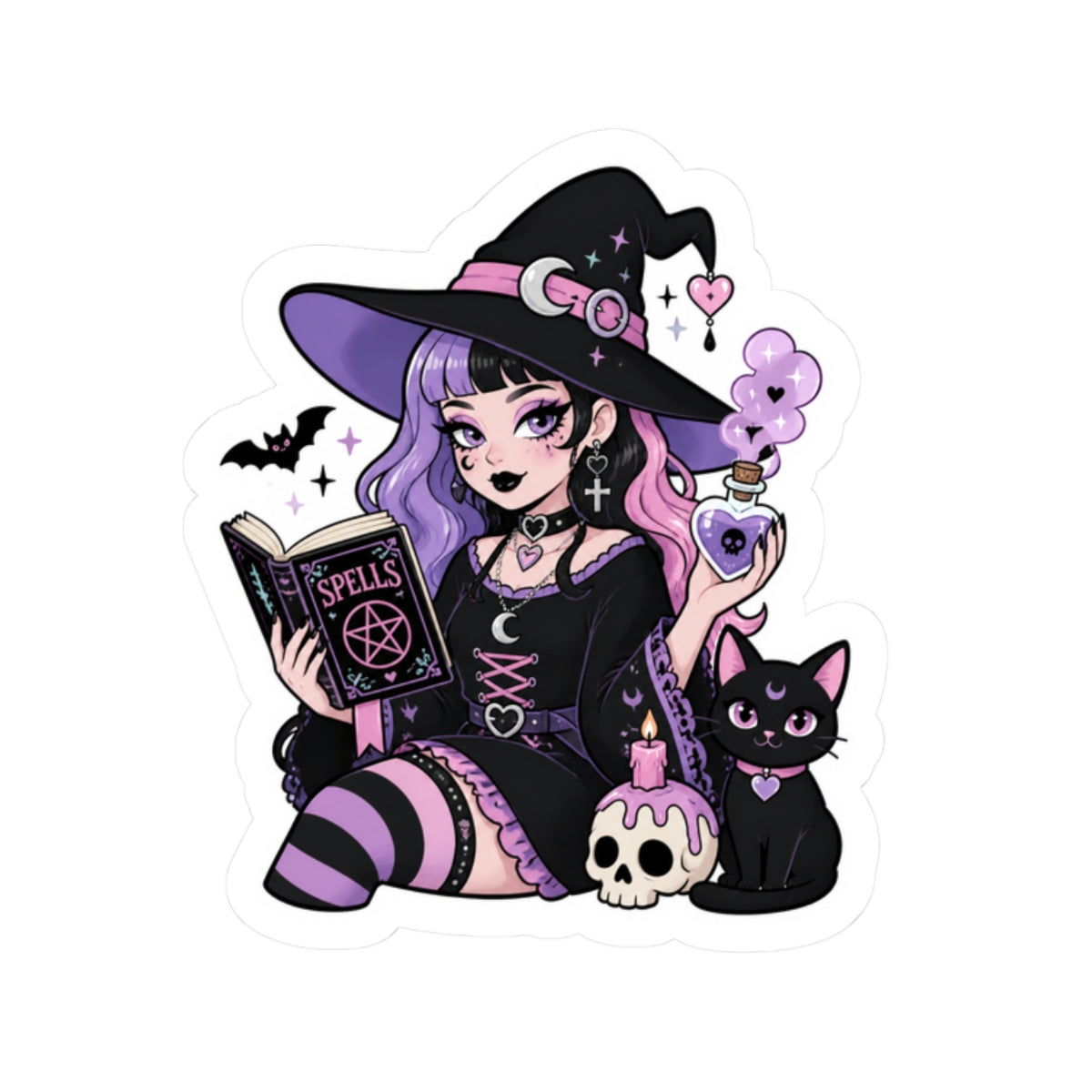 Pastel Gothic Witch Cat Kiss-Cut Sticker