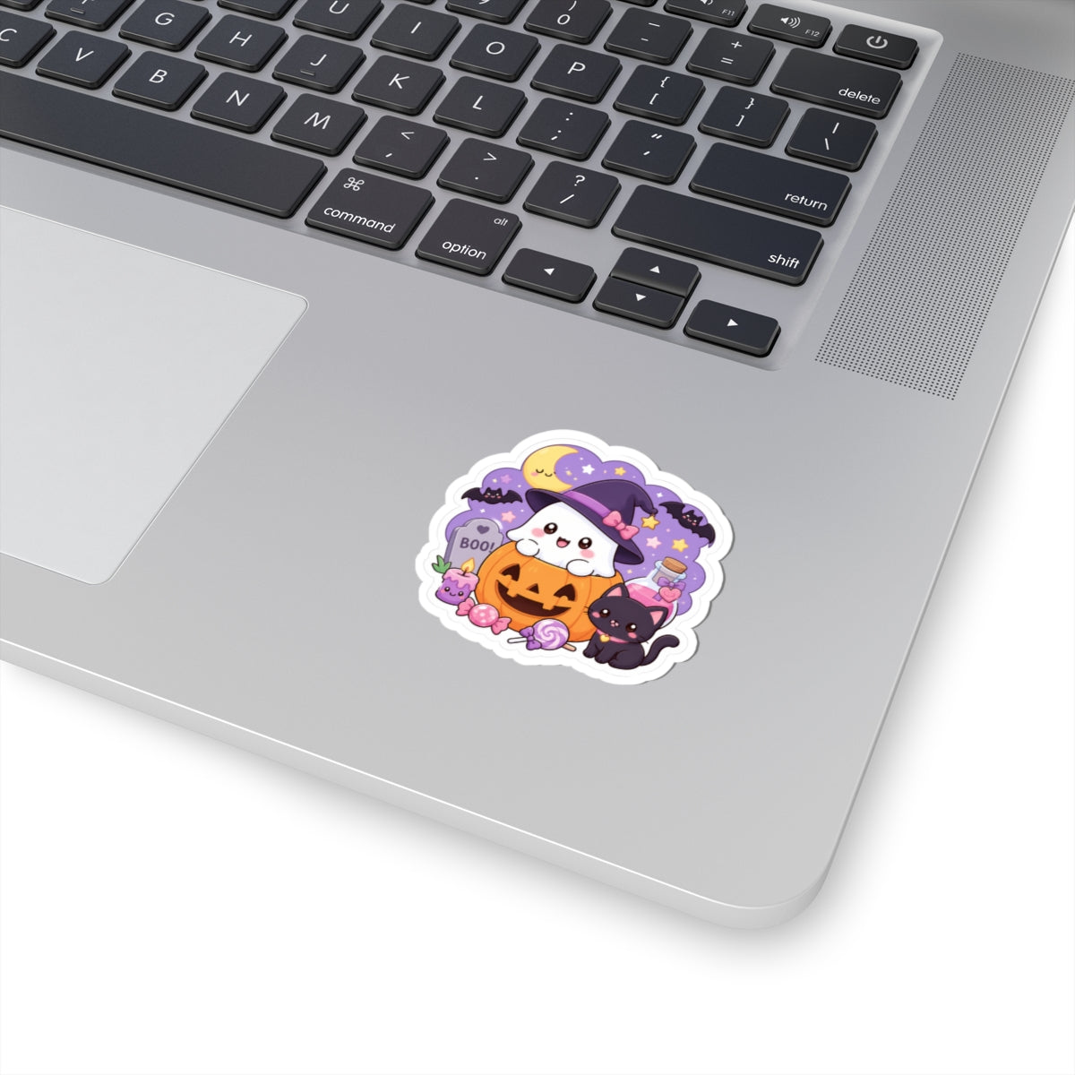 Cute Halloween Ghost & Black Cat Kiss-Cut Sticker — Pumpkin, Candy & Witch Hat Design