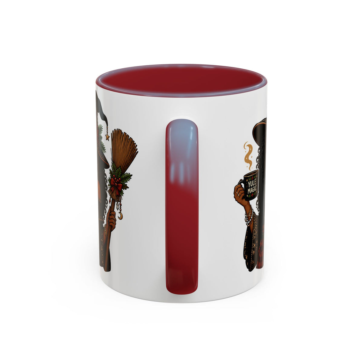 Witchy Christmas Coffee Mug with Black Witch and Broom Design