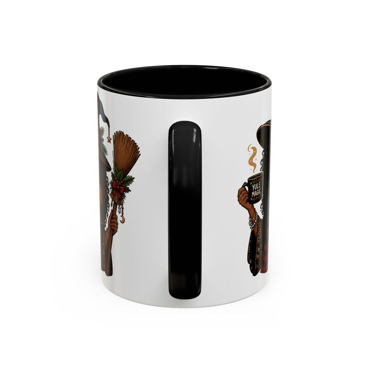 Witchy Christmas Coffee Mug with Black Witch and Broom Design