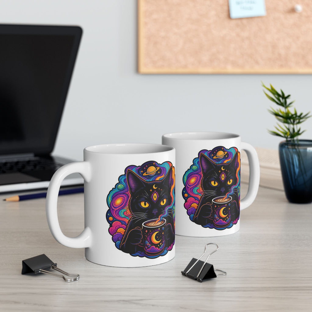Psychedelic Cat Ceramic Mug – Colorful Cosmic Cat Coffee Cup (11oz, 15oz)