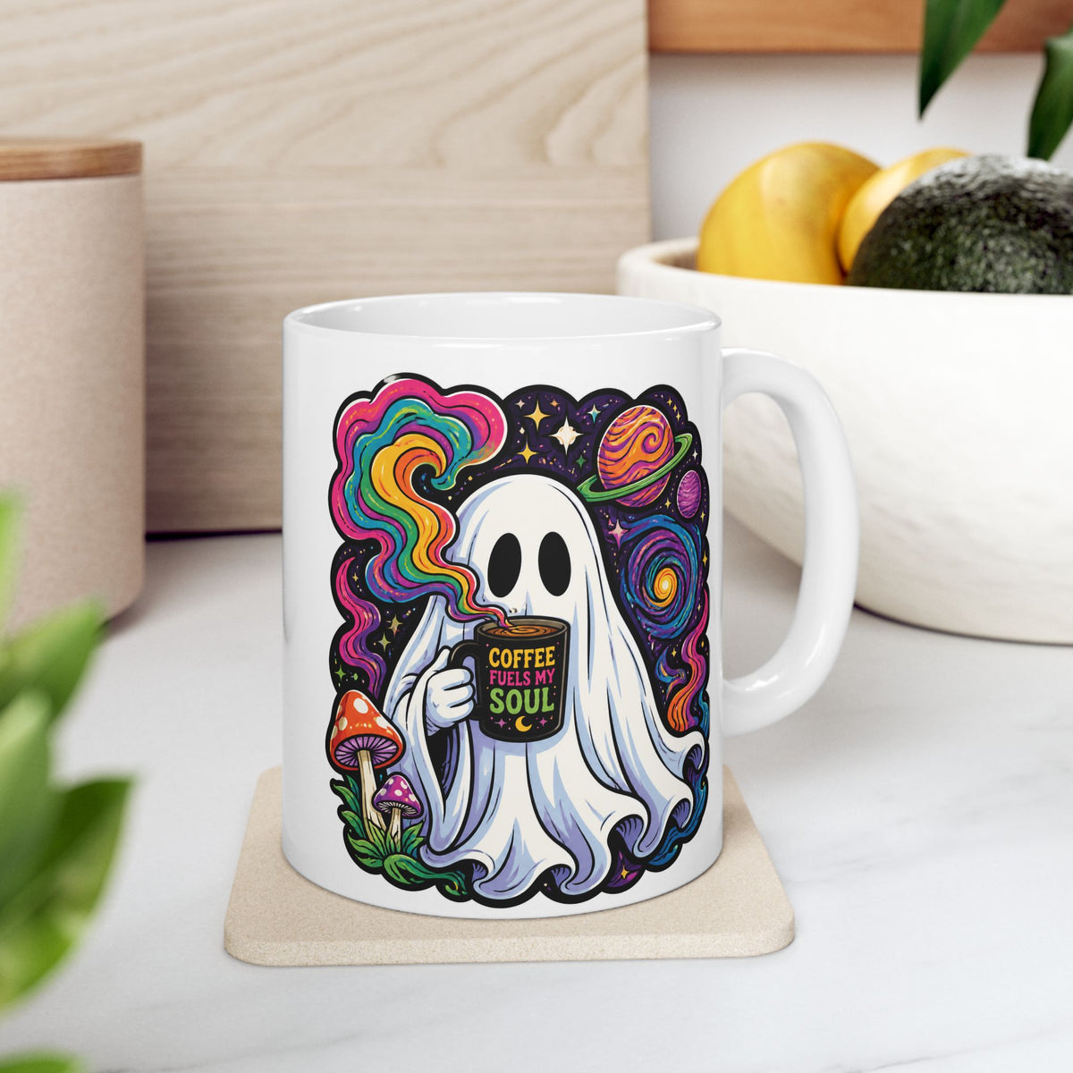 Psychedelic Skull & Mushroom Ceramic Mug (11oz, 15oz) — Colorful Trippy Coffee Cup