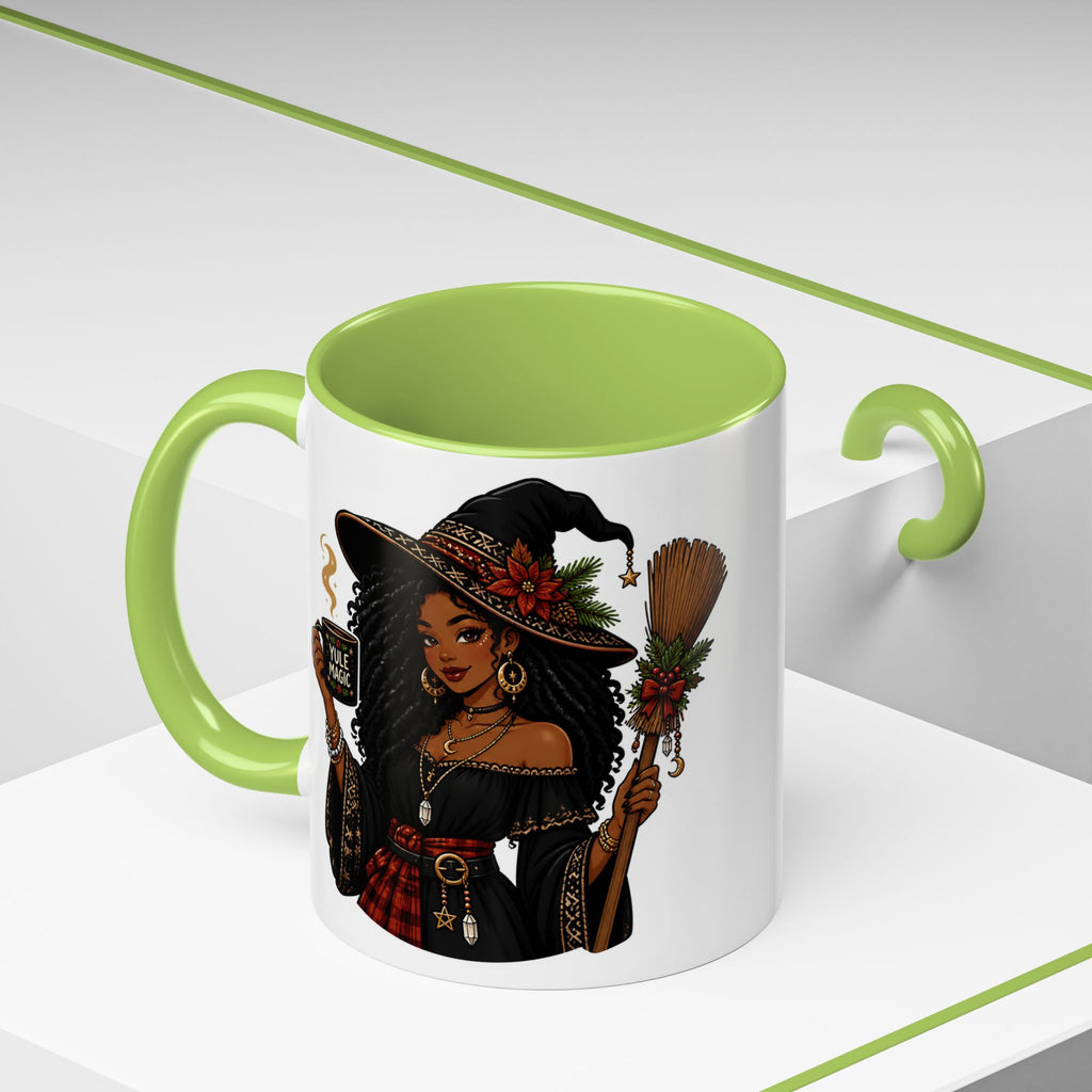 Witchy Christmas Coffee Mug with Black Witch and Broom Design