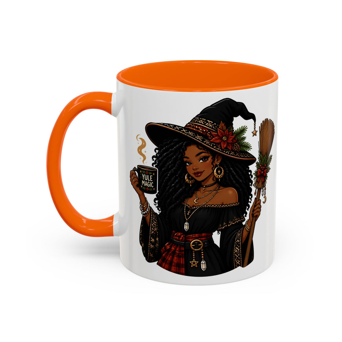 Witchy Christmas Coffee Mug with Black Witch and Broom Design