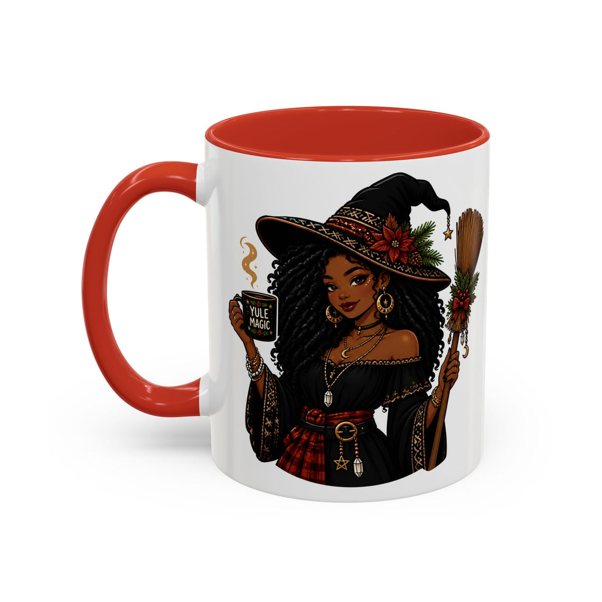 Witchy Christmas Coffee Mug with Black Witch and Broom Design