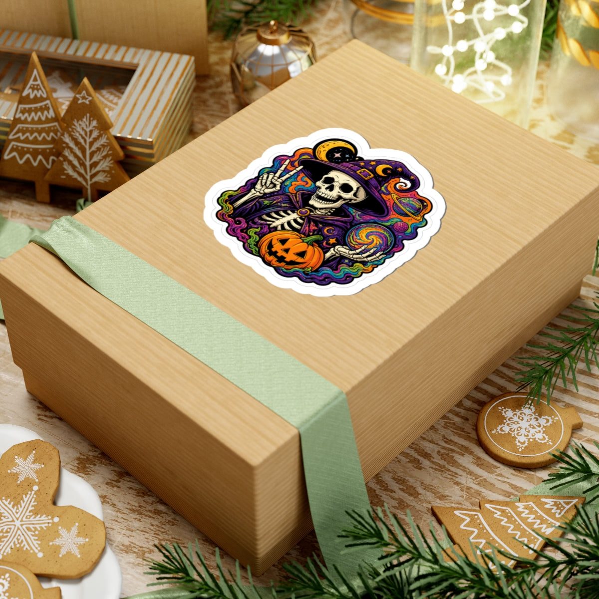 Halloween Wizard Skull Sticker — Colorful Witch, Pumpkin & Cosmic Magic Kiss-Cut Sticker