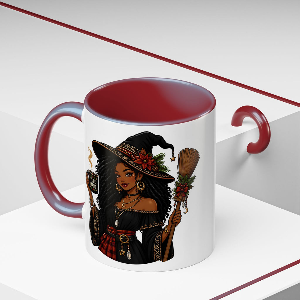 Witchy Christmas Coffee Mug with Black Witch and Broom Design