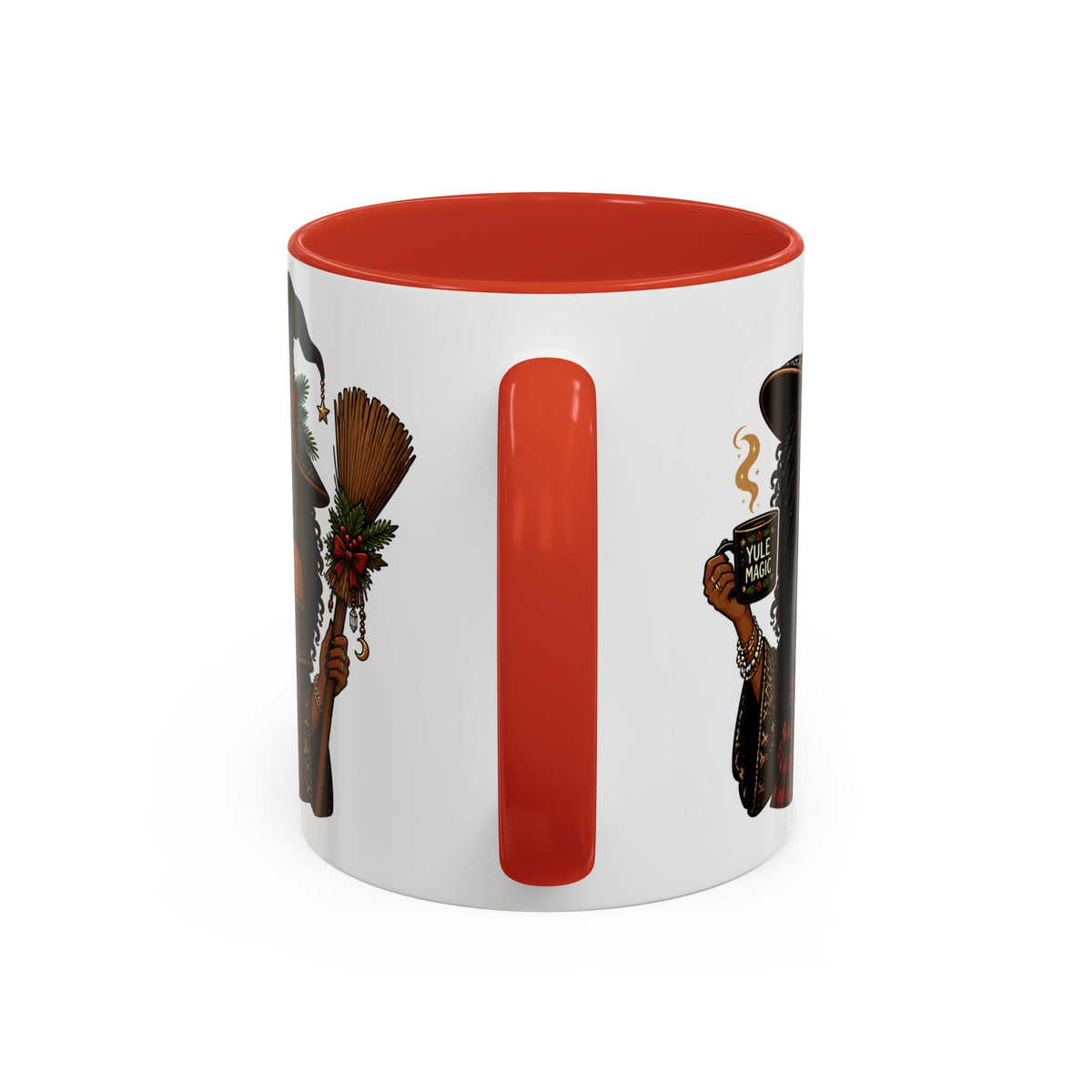 Witchy Christmas Coffee Mug with Black Witch and Broom Design