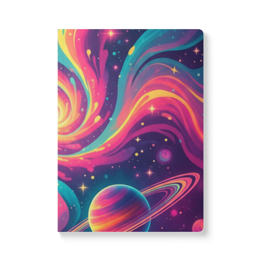 Cosmic Swirl Softcover Journal — Neon Galaxy Moon & Planets Notebook
