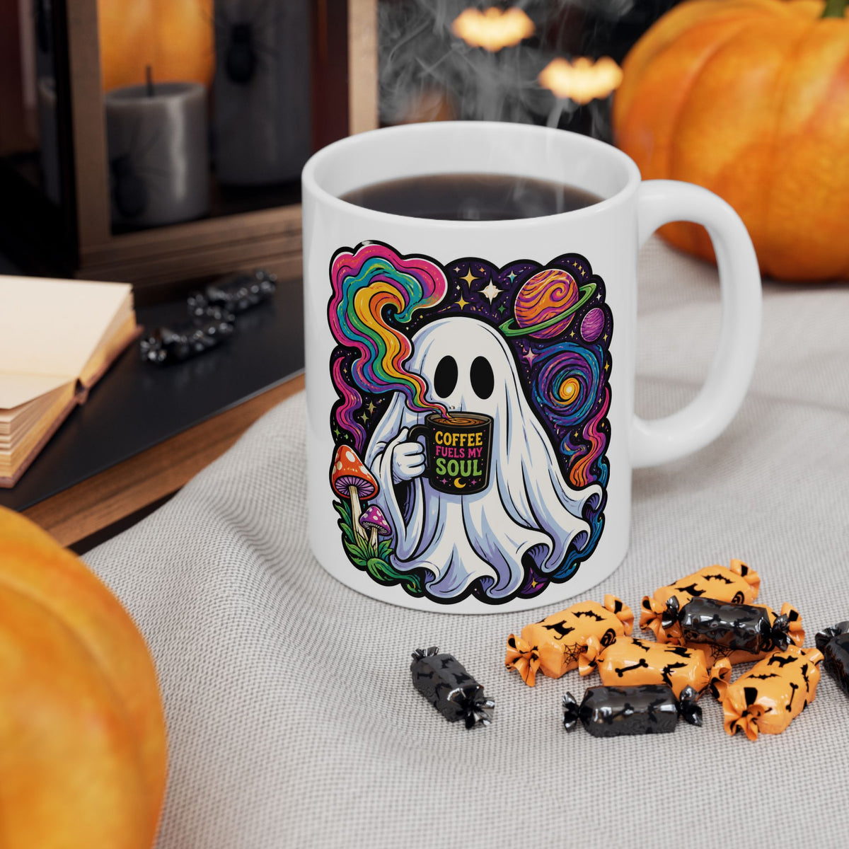 Psychedelic Skull & Mushroom Ceramic Mug (11oz, 15oz) — Colorful Trippy Coffee Cup