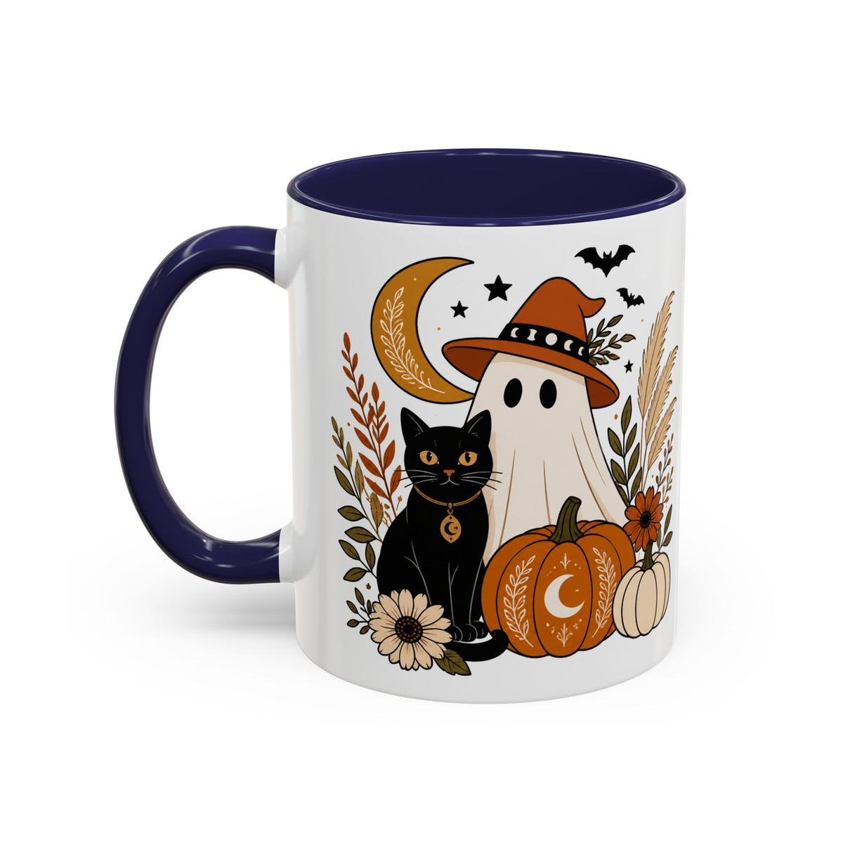 Halloween Ghost & Black Cat Accent Coffee Mug — Spooky Pumpkin Fall Coffee Cup (11/15oz)