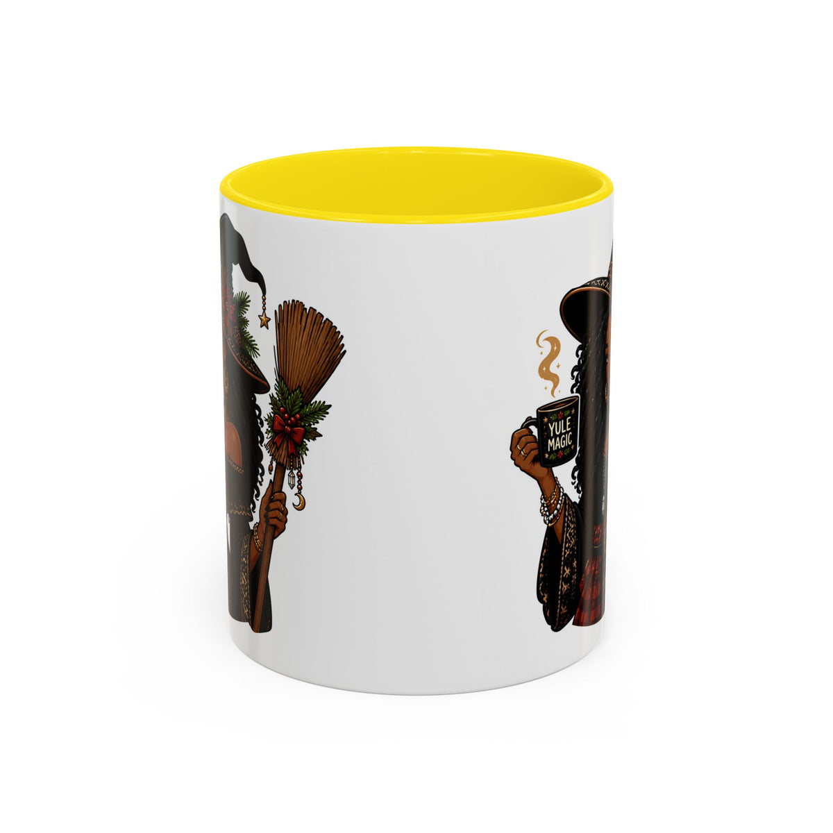 Witchy Christmas Coffee Mug with Black Witch and Broom Design