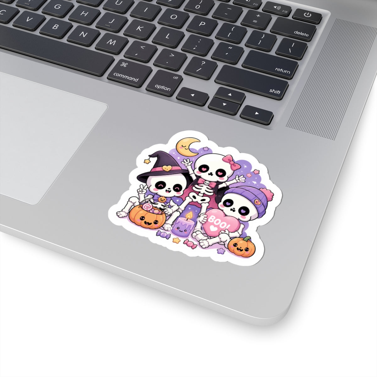 Cute Skeleton Trio Halloween Sticker — Kawaii Boo Kiss-Cut Sticker