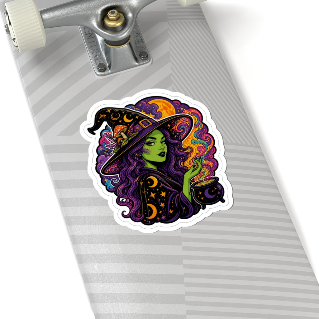 Witch Witchcraft Sticker — Green Witch with Cauldron Kiss-Cut Sticker
