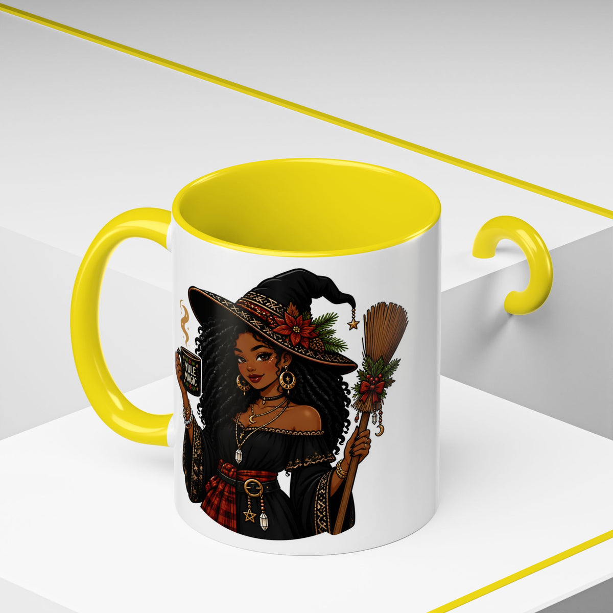 Witchy Christmas Coffee Mug with Black Witch and Broom Design
