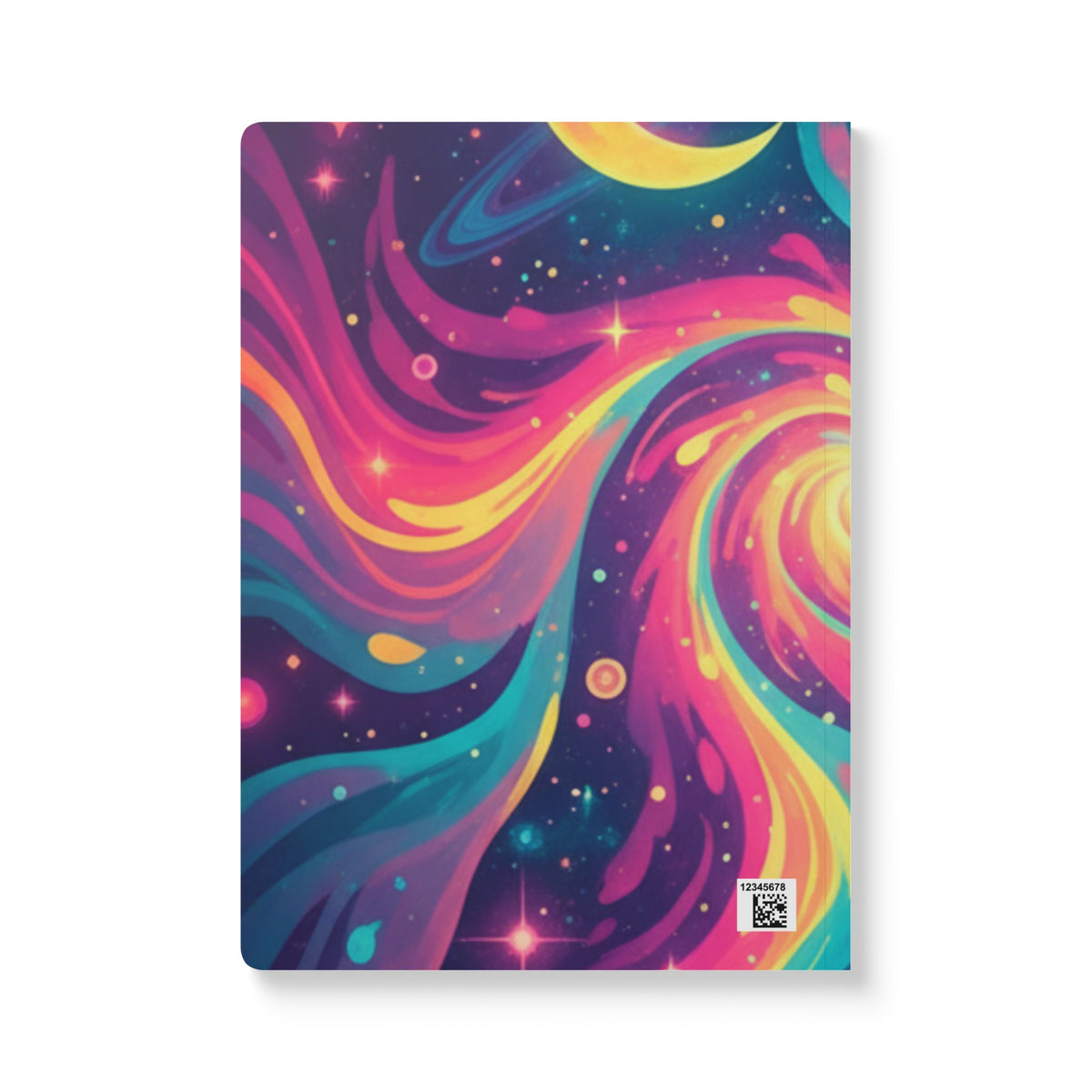 Cosmic Swirl Softcover Journal — Neon Galaxy Moon & Planets Notebook
