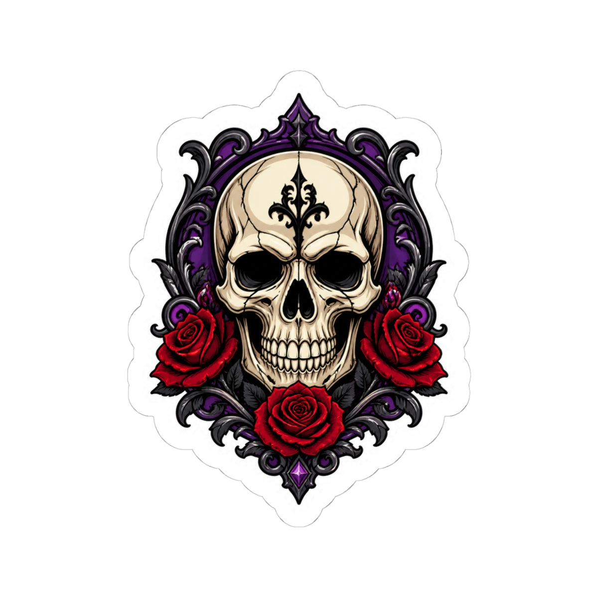 Gothic Skull and Red Roses Kiss-Cut Sticker